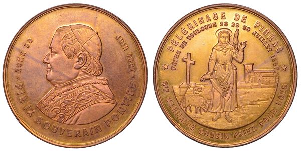 STATO PONTIFICIO. PIO IX, 1846-1878. Medaglia in bronzo dorato 1867. Pellegrinaggio in Pibrac.