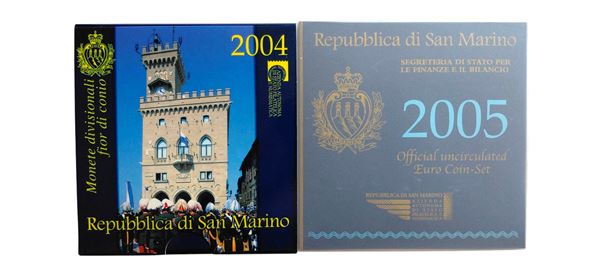 San Marino 2004-2005: lotto di 2 divisionali Fior di Conio ufficiali con 2 monete d’argento.
