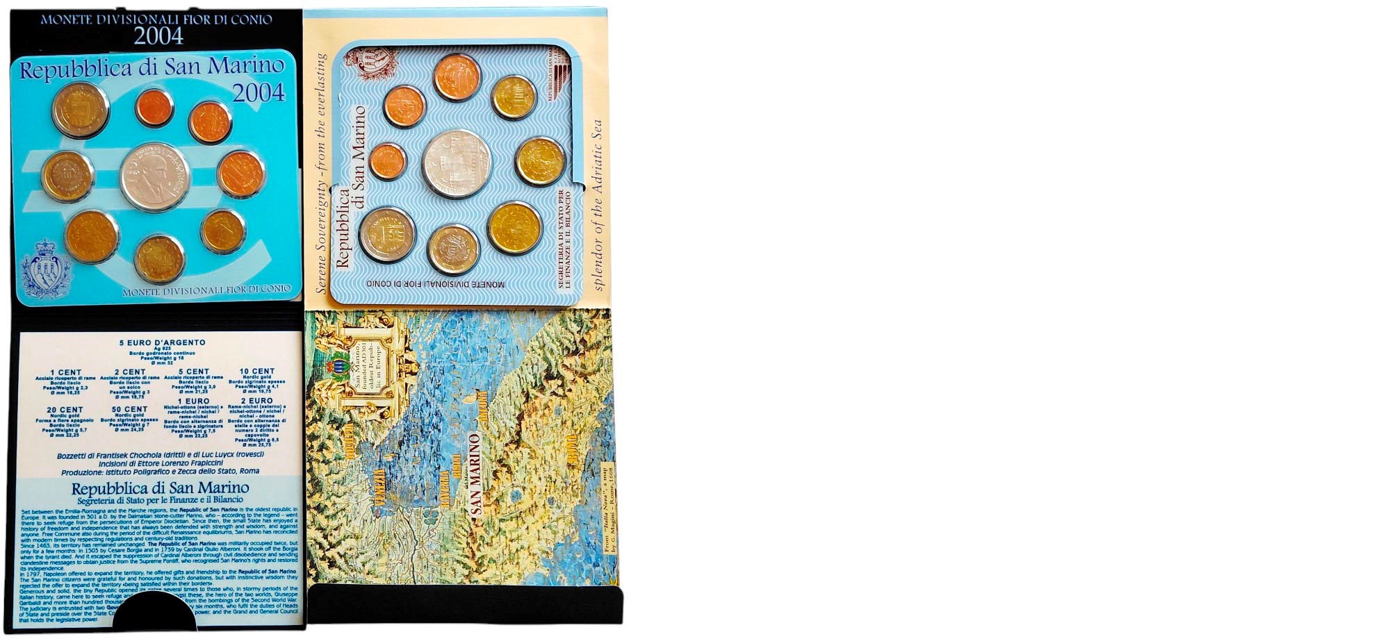 San Marino 2004-2005: lotto di 2 divisionali Fior di Conio ufficiali con 2 monete d’argento.