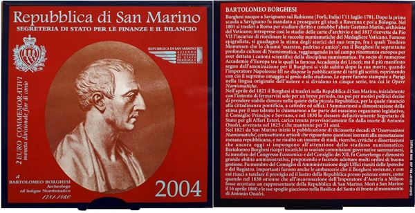 San Marino 2004 – 2 Euro commemorativi bimetallici FdC “Bartolomeo Borghesi” in folder.