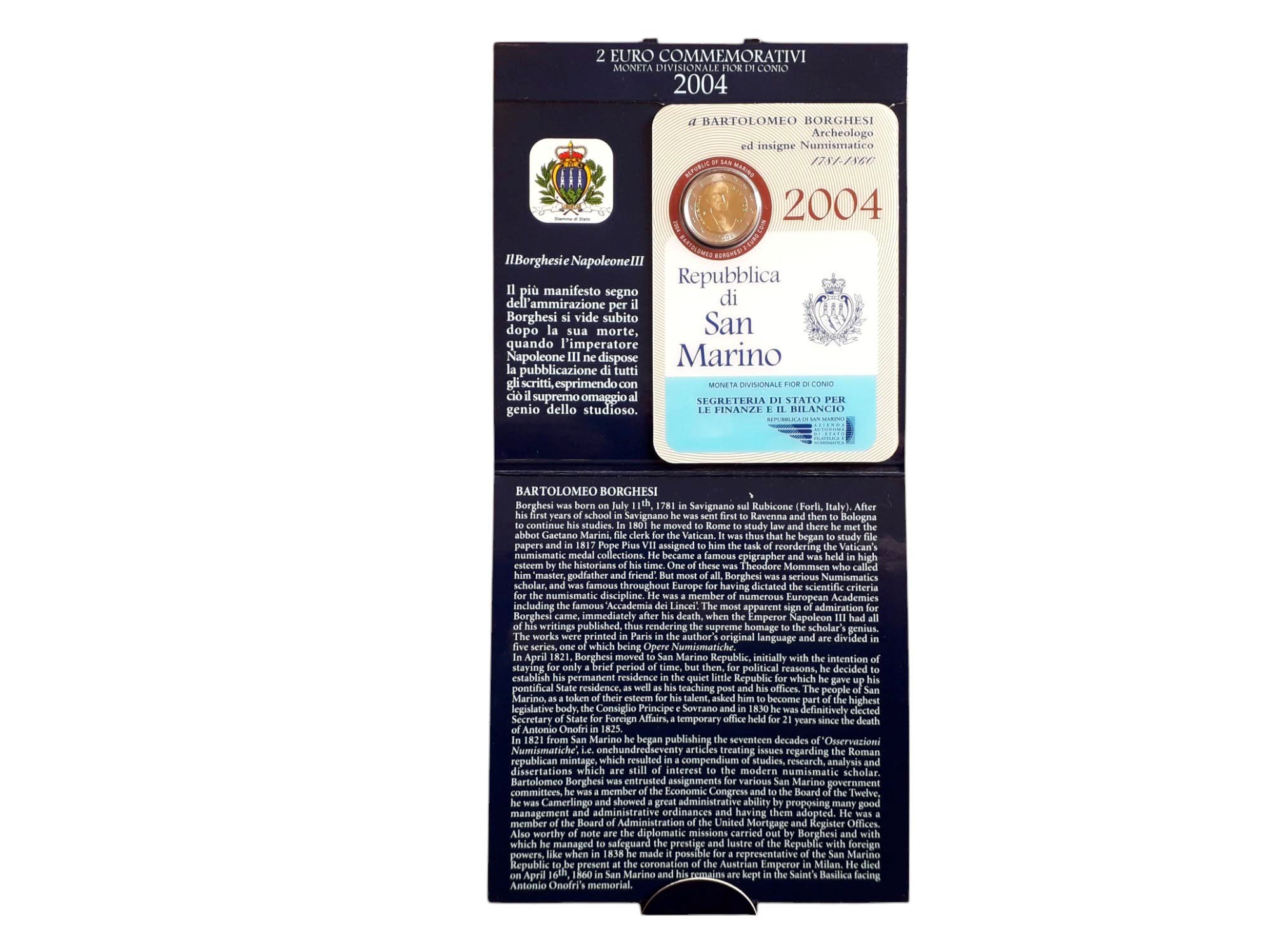 San Marino 2004 – 2 Euro commemorativi bimetallici FdC “Bartolomeo Borghesi” in folder.
