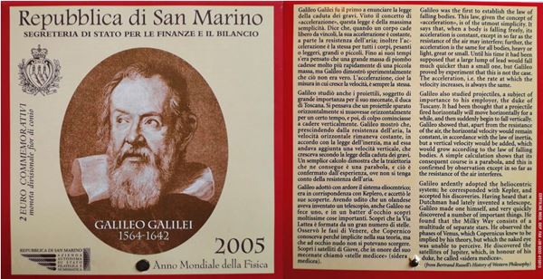 San Marino 2005 – 2 Euro commemorativi bimetallici FdC “Galileo Galilei” in folder.