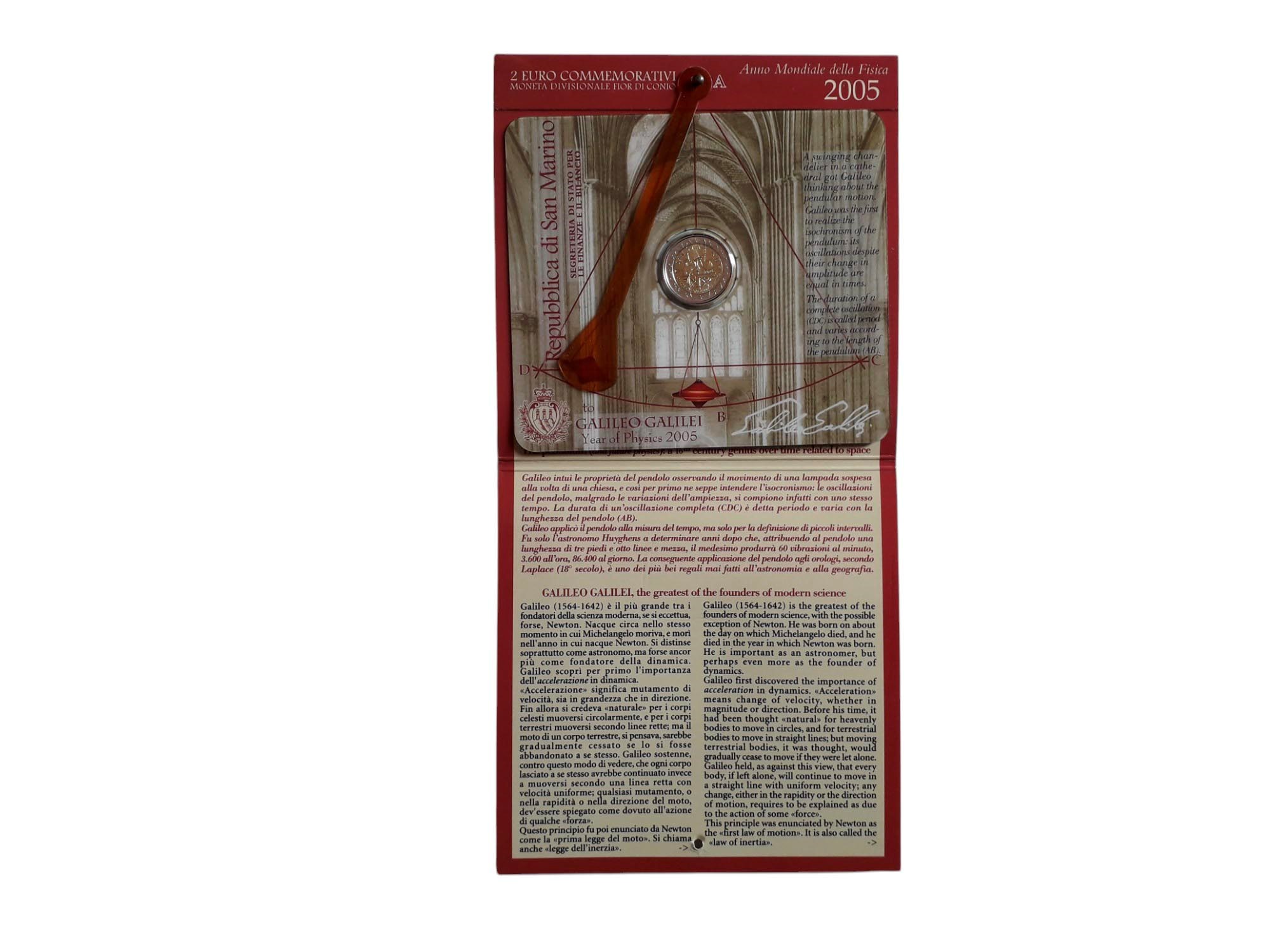 San Marino 2005 – 2 Euro commemorativi bimetallici FdC “Galileo Galilei” in folder.