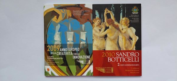 San Marino 2009-2010 – 2 X 2 Euro commemorativi bimetallici FdC in folder dedicati a “Creatività e Innovazione” e “Sandro Botticelli”.