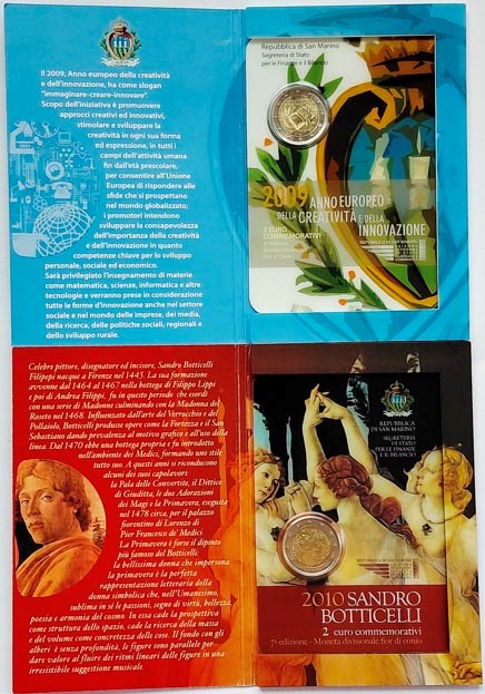 San Marino 2009-2010 – 2 X 2 Euro commemorativi bimetallici FdC in folder dedicati a “Creatività ...