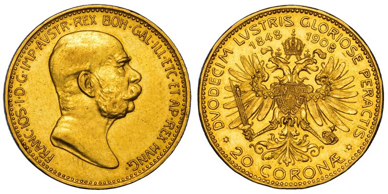 AUSTRIA. FRANZ JOSEPH, 1848-1916. 20 Corona 1908. 60° anniversario di regno.  - Auction Numismatics - Cambi Casa d'Aste