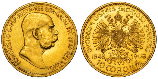 AUSTRIA. FRANZ JOSEPH, 1848-1916. 10 Corona 1908. 60° anniversario di regno.