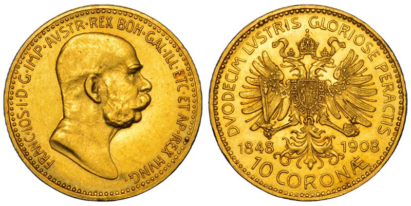 AUSTRIA. FRANZ JOSEPH, 1848-1916. 10 Corona 1908. 60° anniversario di regno.  - Auction Numismatics - Cambi Casa d'Aste