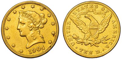 USA, Repubblica, 10 Dollari "Coronet Head", 1904, Oro