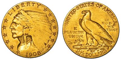 USA, 2,5 Dollari 'Testa di Indiano' 1908