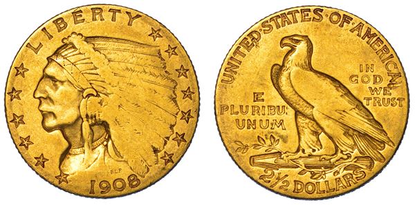 USA. REPUBLIC. 2,5 Dollars "Indian Head" 1908.