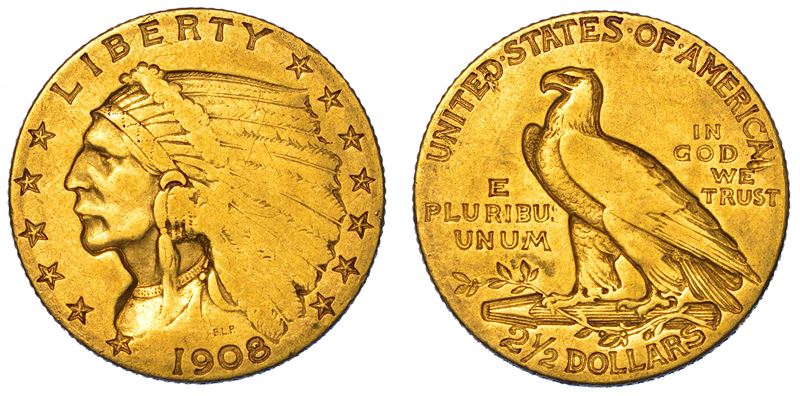 USA. REPUBLIC. 2,5 Dollars "Indian Head" 1908.  - Asta Numismatica Light - Cambi Casa d'Aste