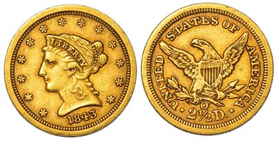 USA, 2,5 Dollars “Coronet Head”, 1843, New Orleans