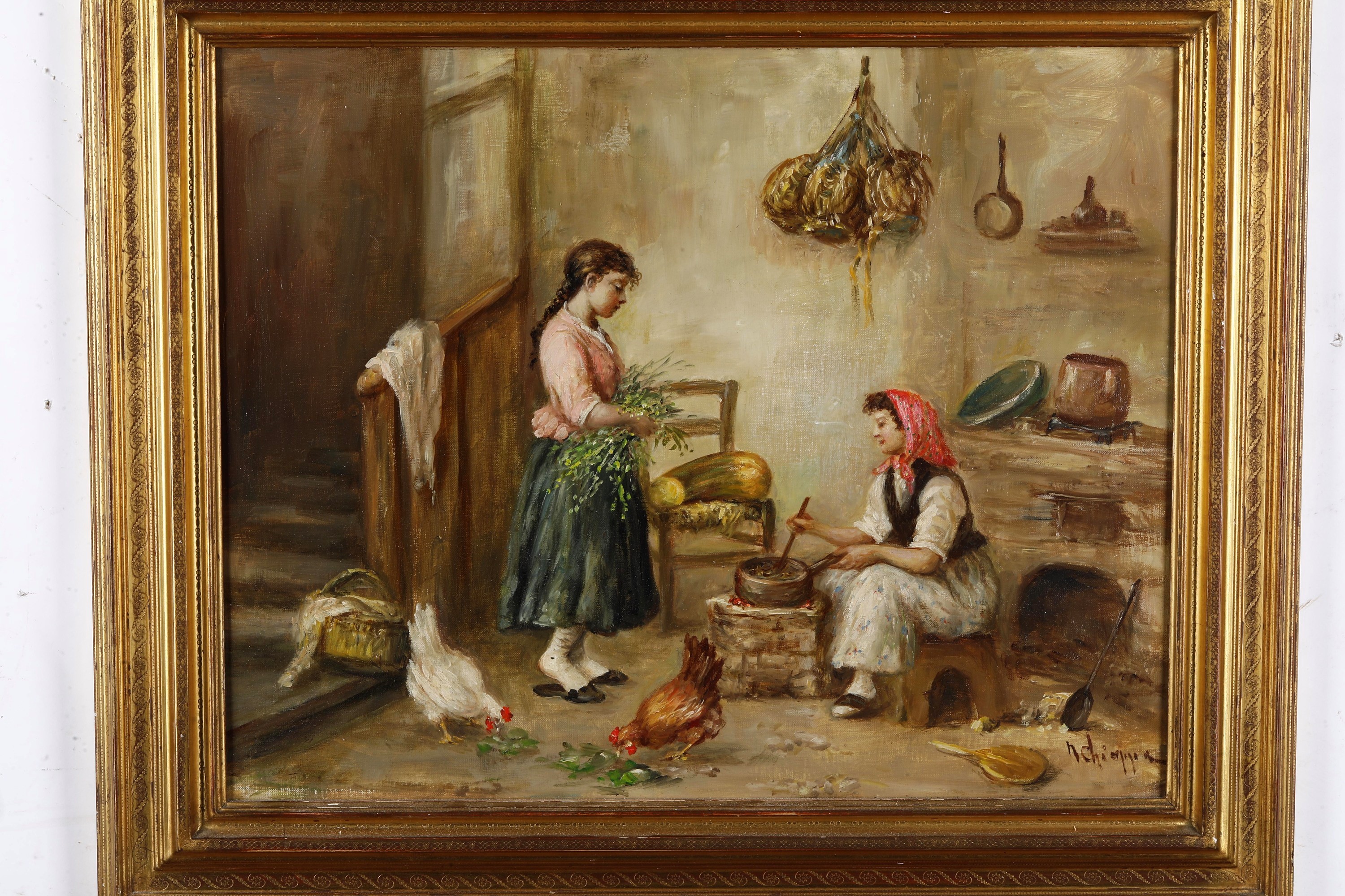 Scuola del XX secolo, Scene d’interni in stile ottocentesco, olio su tela