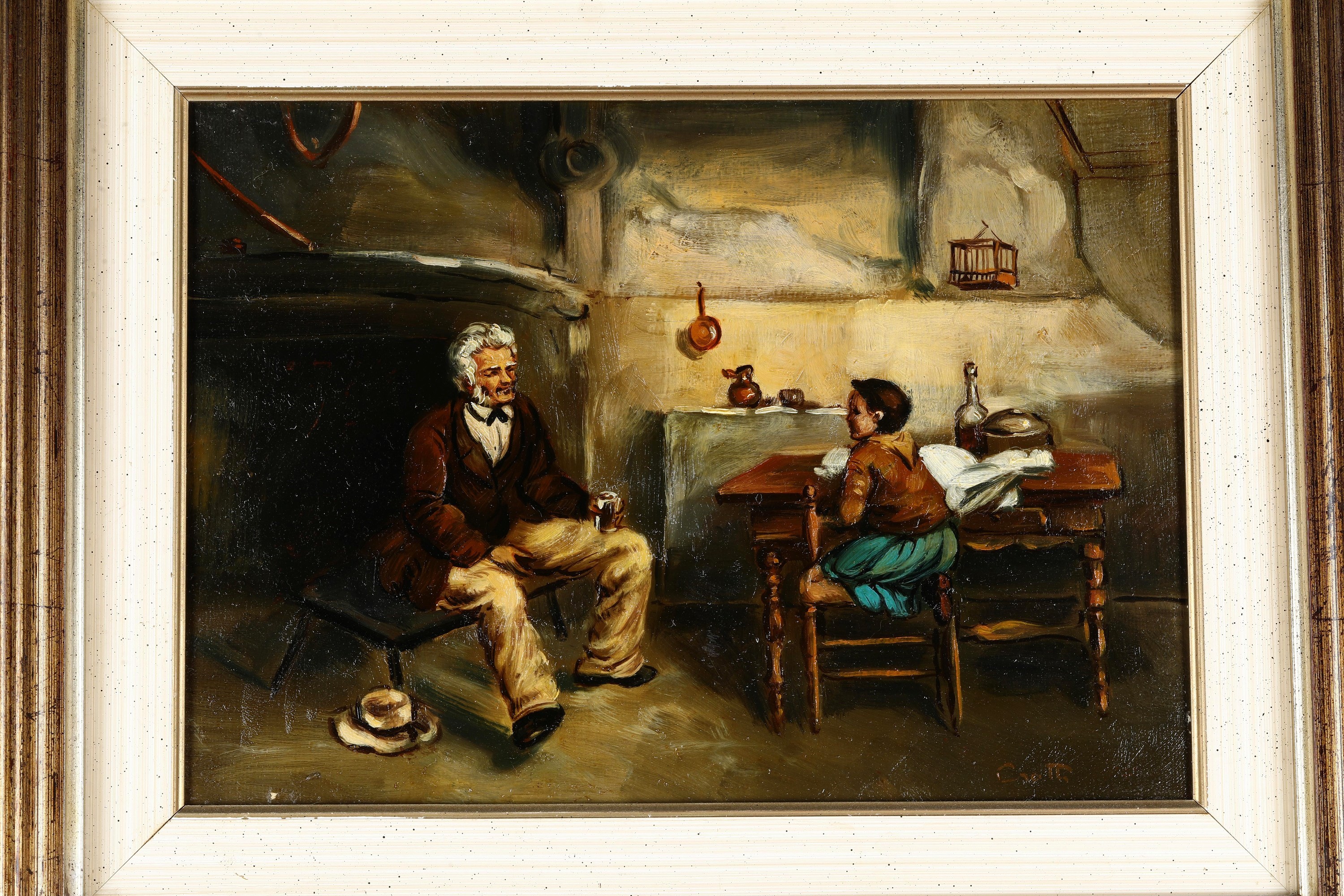 Scuola del XX secolo, Scene d’interni in stile ottocentesco, olio su tela