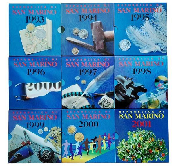 San Marino 1993-2001: 9 divisionali FdC contenenti altrettante monete da 1000 e 5000 Lire FdC in argento.