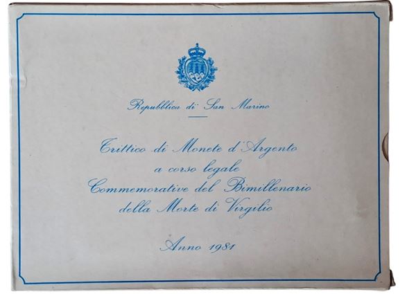 San Marino 1981: dittico celebrativo della Bimillenario della morte di Virgilio, contenente 3 monete FdC in argento (2 X 500 + 1 X 1.000 Lire).
