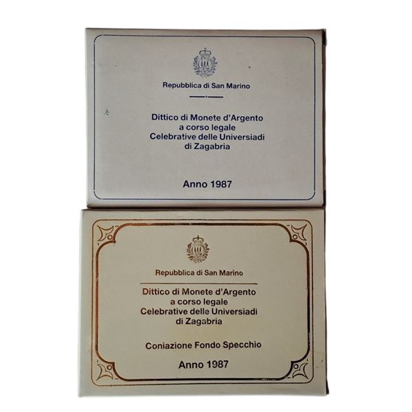 San Marino 1987: 2 dittici celebrativi delle Universiadi di Zagabria, contenente quattro monete, di cui 2 FdC e 2 Fondo Specchio in argento (2 X 500 + 2 X 1.000 Lire).