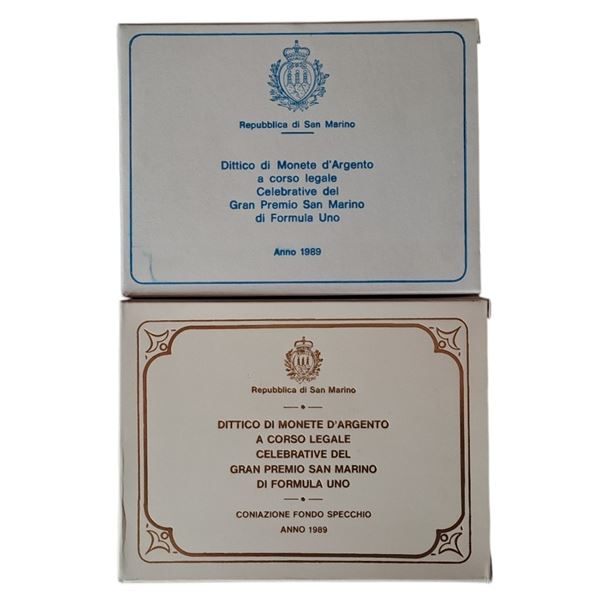 San Marino 1989: 2 dittici celebrativi del Gran Premio di San Marino di Formula Uno, contenente quattro monete, di cui 2 FdC e 2 Fondo Specchio in argento (2 X 500 + 2 X 1.000 Lire).