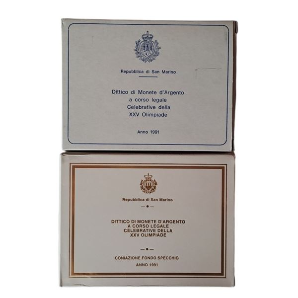 San Marino 1991: 2 dittici celebrativi del XXV Olimpiade di Barcellona, contenente quattro monete, di cui 2 FdC e 2 Fondo Specchio in argento (2 X 500 + 2 X 1.000 Lire).