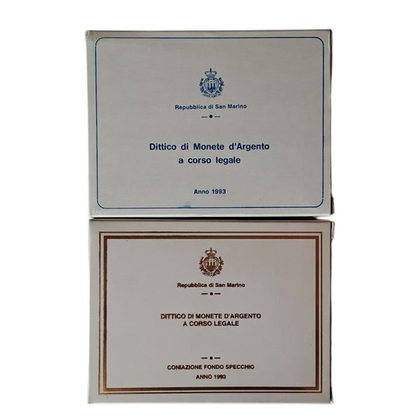 San Marino 1993: 2 dittici celebrativi del Mondo Animale in Pericolo, contenente quattro monete, di cui 2 FdC e 2 Fondo Specchio in argento (2 X 500 + 2 X 1.000 Lire).