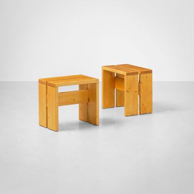 Due sgabelli mod. Les Arcs, legno, 1960 ca.