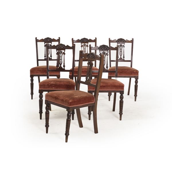 Sei sedie in legno intagliato e seduta imbottita, XIX secolo