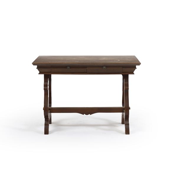 Tavolo scrittoio a fratino in legno due cassetti sulla fascia, XX secolo