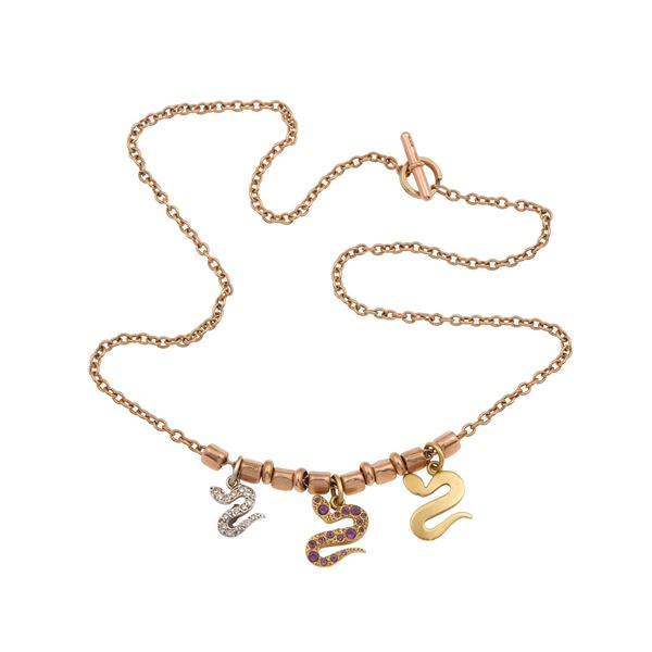 diamond, amethyst, low-karat gold and gold necklace Marked Dodo. Fitted case