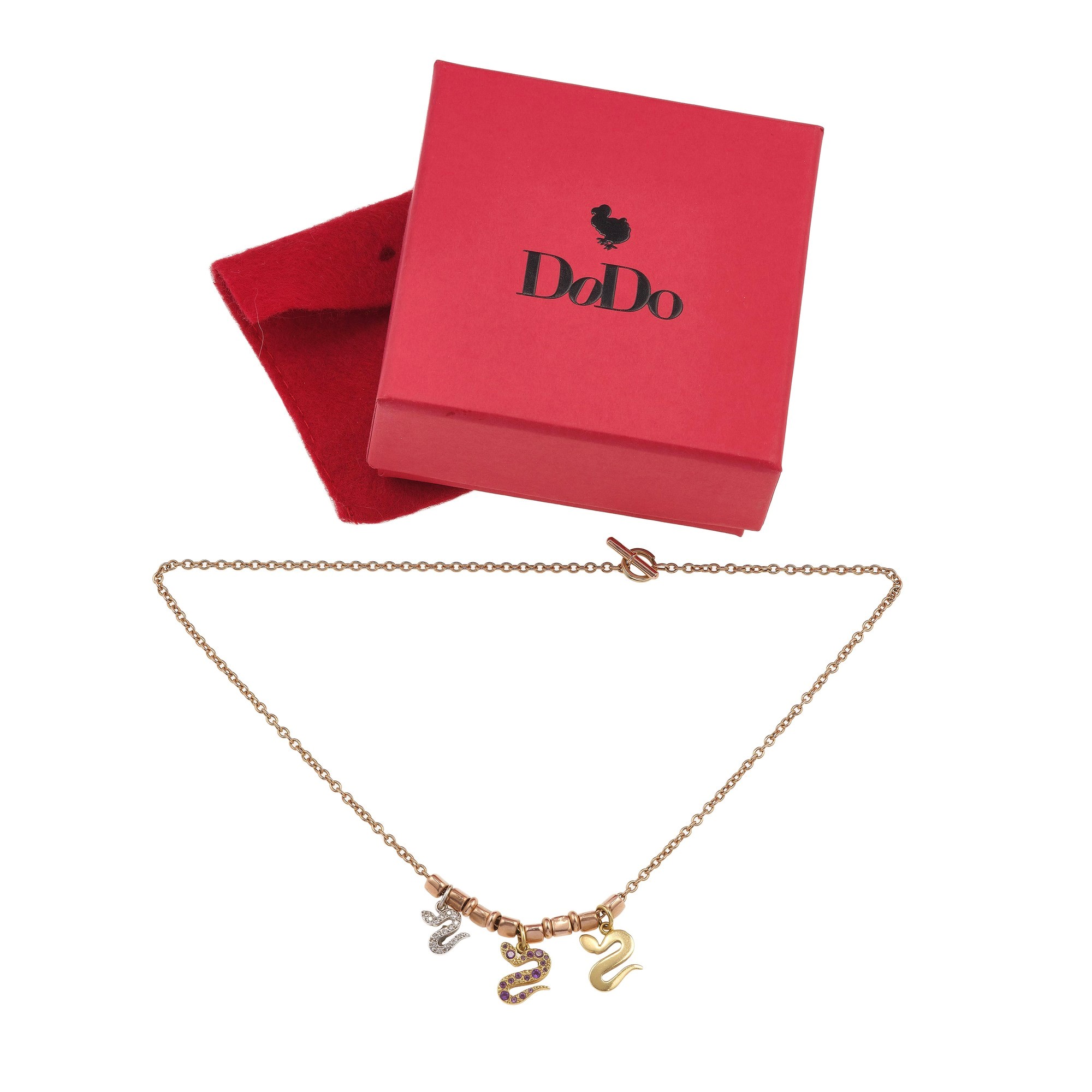 Dodo. Girocollo con pendenti “serpenti” uno con ametiste e d uno con piccoli diamanti