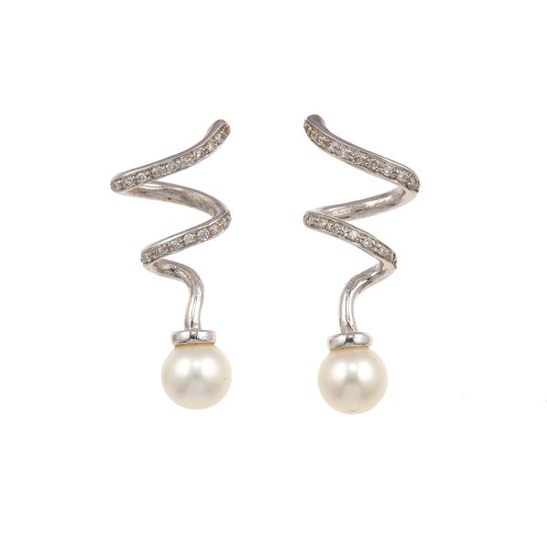 Pair of diamond, pearl and gold earrings