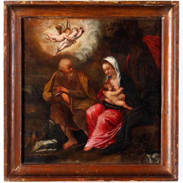 Scuola del XVII secolo Riposo durante la fuga in Egitto