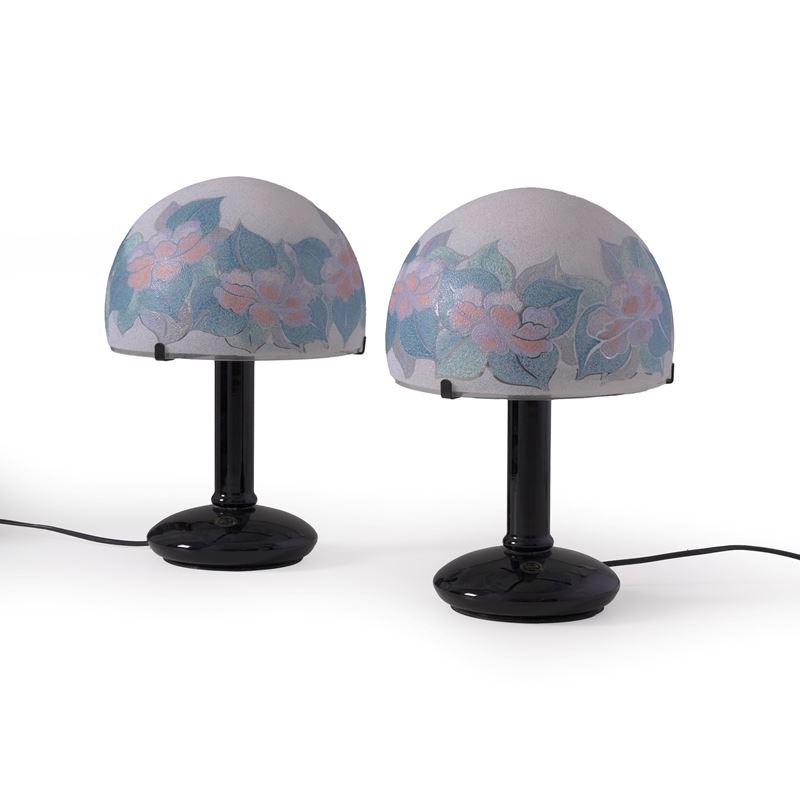 Coppia di lampade da tavolo. Murano, Manifattura Ghiselli, ultimo quarto del XX secolo.  - Asta Maioliche, Porcellane e Vetri - Cambi Casa d'Aste
