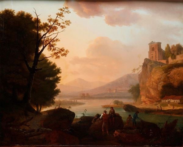 Scuola francese del XVIII secolo Paesaggio fluviale con pescatori