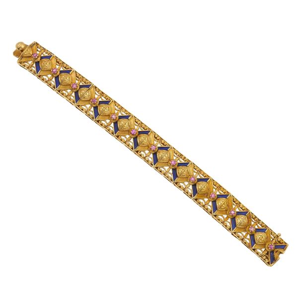 Ruby, enamel and gold bracelet