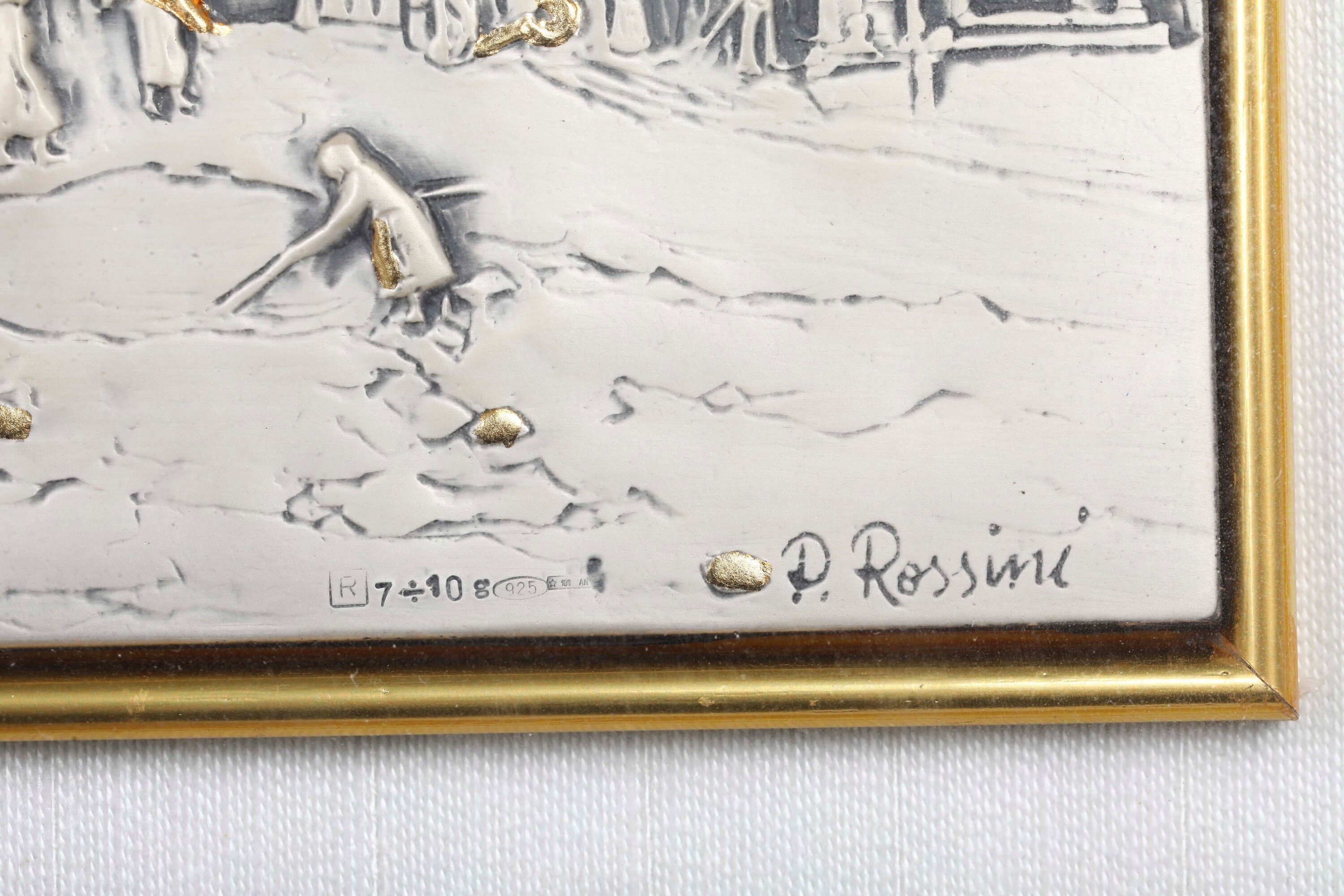 Bassorilievo raffigurante borgo, argento 925 con riporti in oro