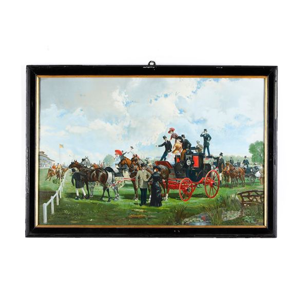 Incisore del XX secolo Pubblico alla corsa dei cavalli