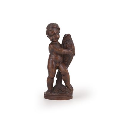 Putto con pesce, manifattura del XIX-XX secolo, legno patinato