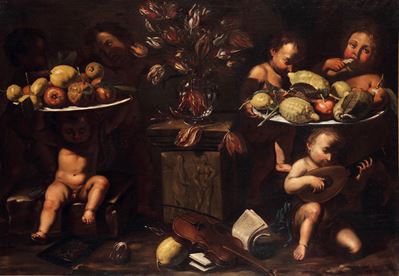 Scuola napoletana del XVII secolo, Natura morta con frutti, vaso fiorito e putti