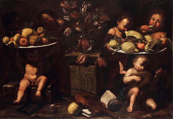 Scuola napoletana del XVII secolo Natura morta con frutti, vaso fiorito e putti