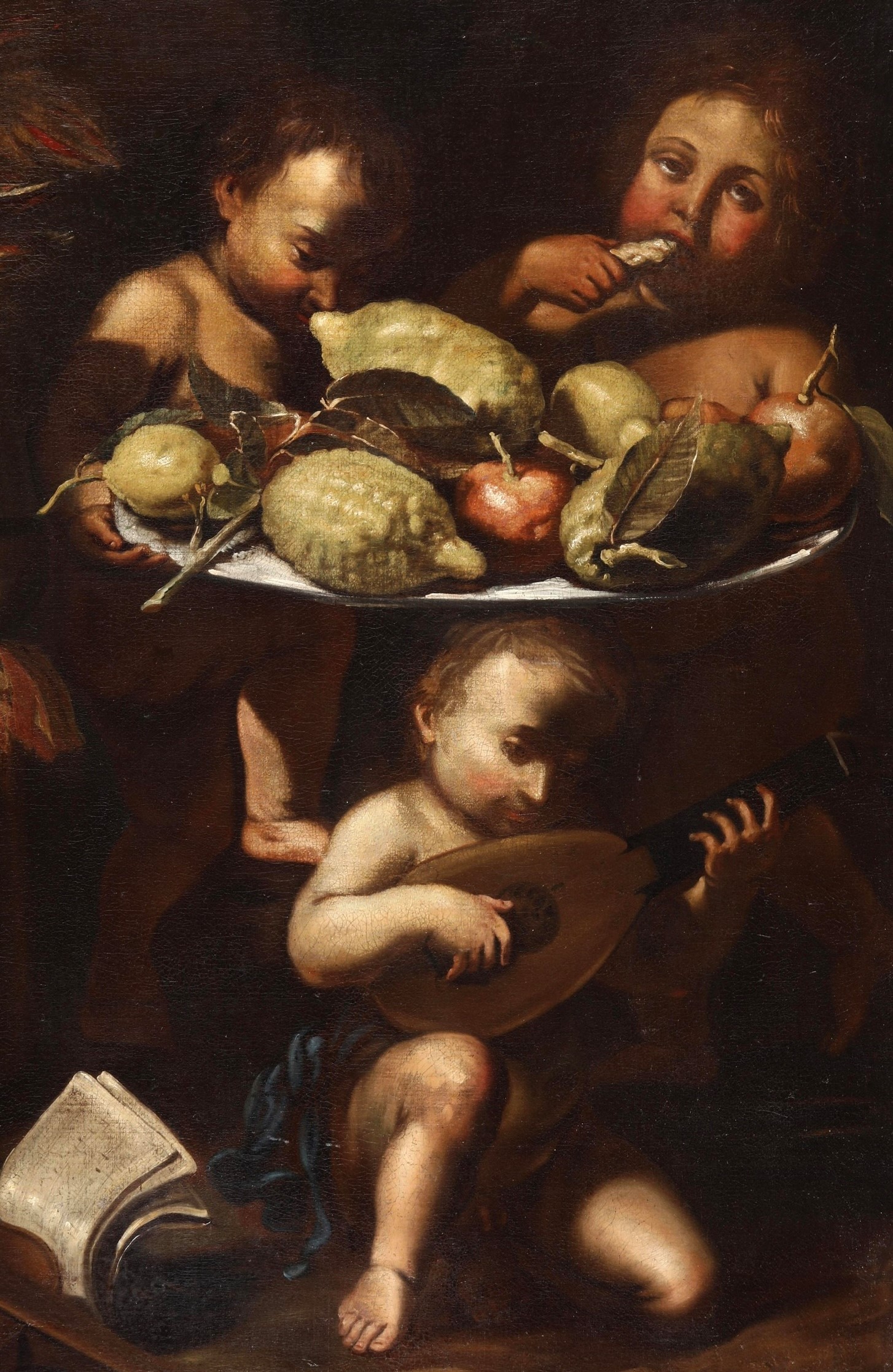 Scuola napoletana del XVII secolo, Natura morta con frutti, vaso fiorito e putti