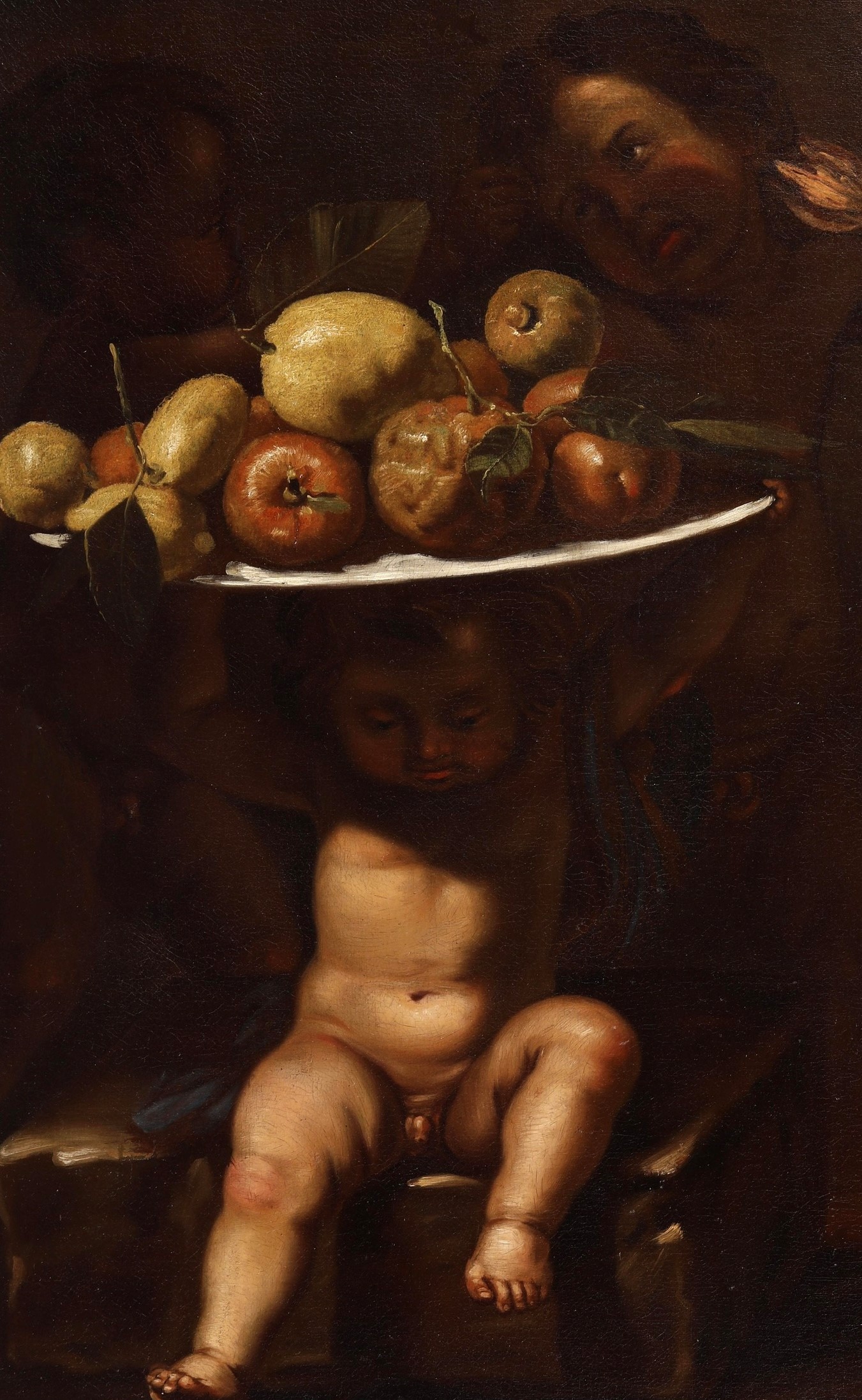 Scuola napoletana del XVII secolo, Natura morta con frutti, vaso fiorito e putti