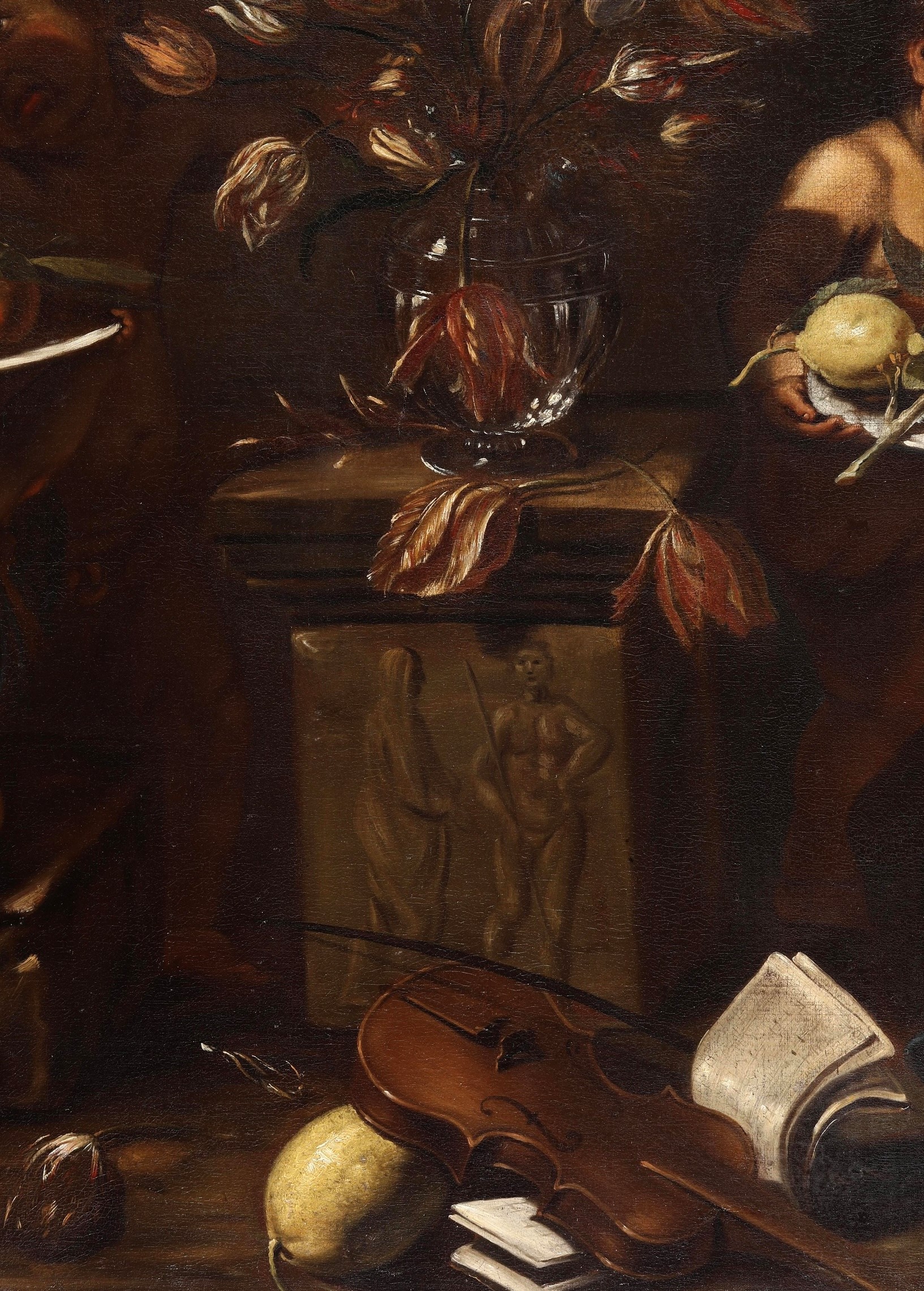 Scuola napoletana del XVII secolo, Natura morta con frutti, vaso fiorito e putti