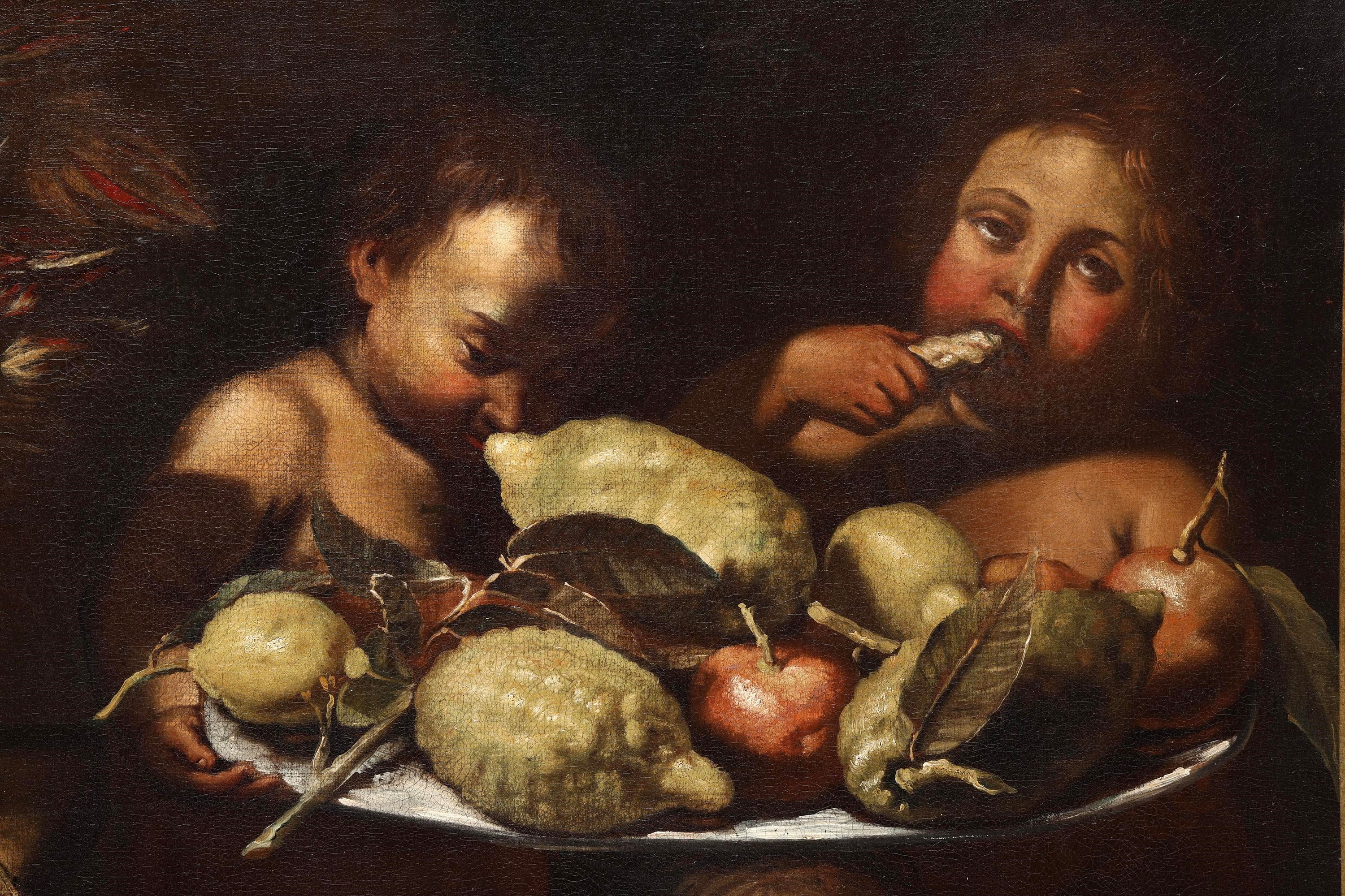 Scuola napoletana del XVII secolo, Natura morta con frutti, vaso fiorito e putti
