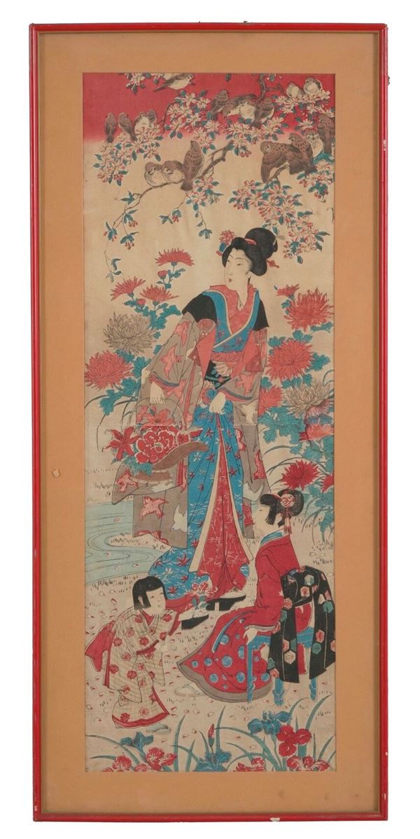 Dipinto raffigurante Geisha con bambini, Giappone, periodo Meiji (1868-1912)
