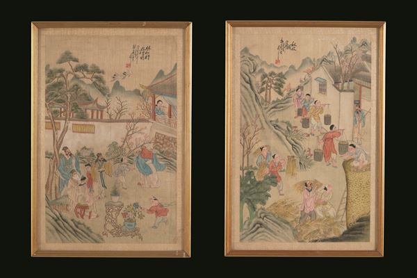 Coppia di dipinti raffiguranti scene di vita comune con iscrizioni, Cina, Dinastia Qing, XIX secolo