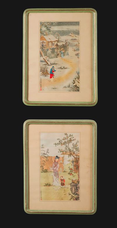 Coppia di dipinti, scene di vita comune con iscrizioni, Cina, Dinastia Qing, XIX secolo