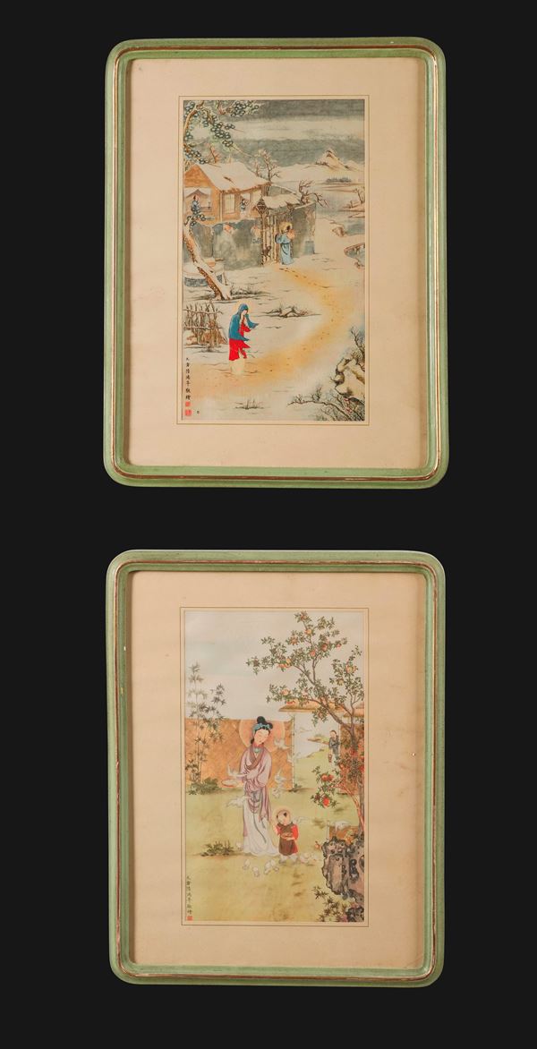 Coppia di dipinti raffiguranti scene di vita comune con iscrizioni, Cina, Dinastia Qing, XIX secolo
