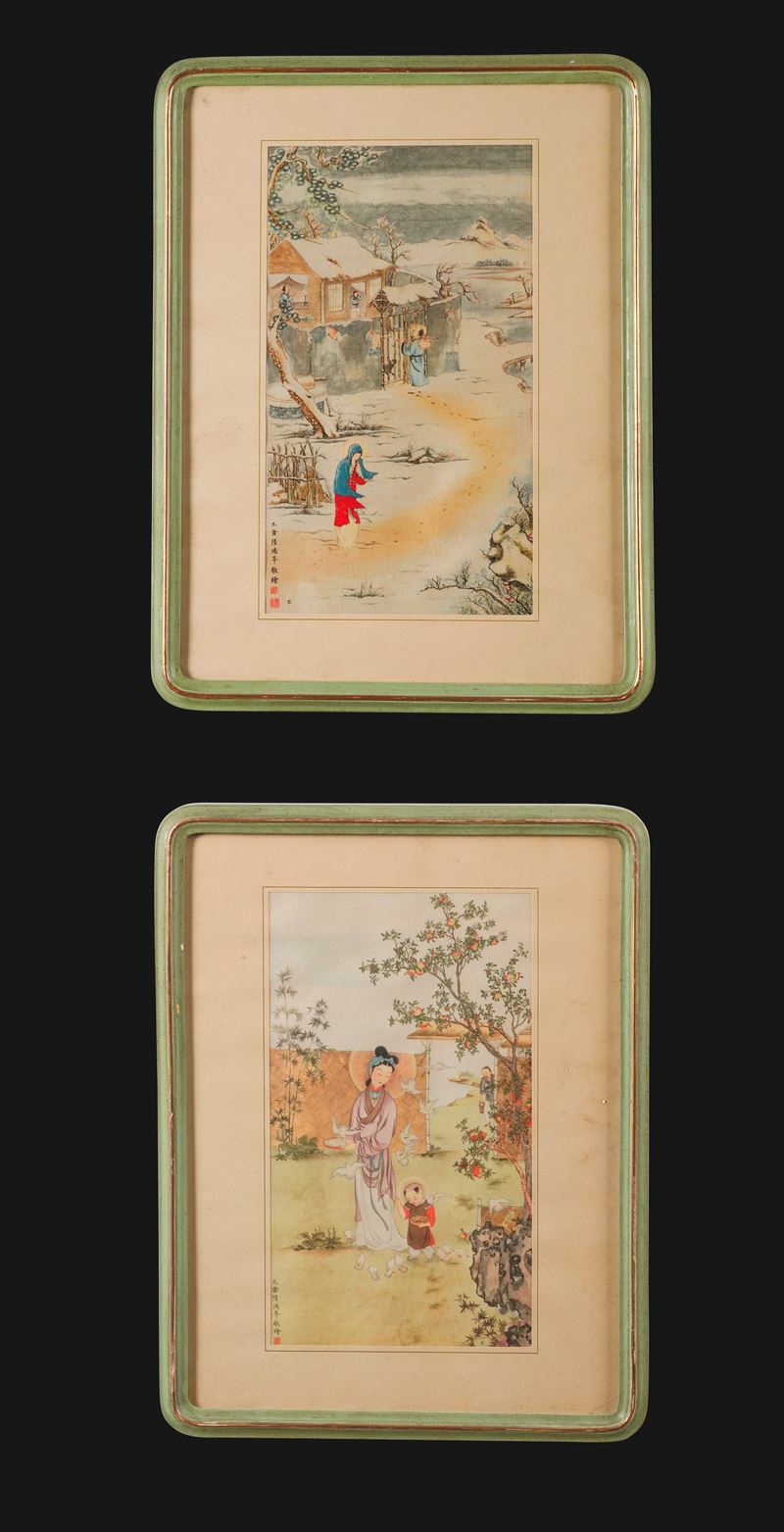 Coppia di dipinti raffiguranti scene di vita comune con iscrizioni, Cina, Dinastia Qing, XIX secolo  - Asta Fine Asian Works of Art - Cambi Casa d'Aste