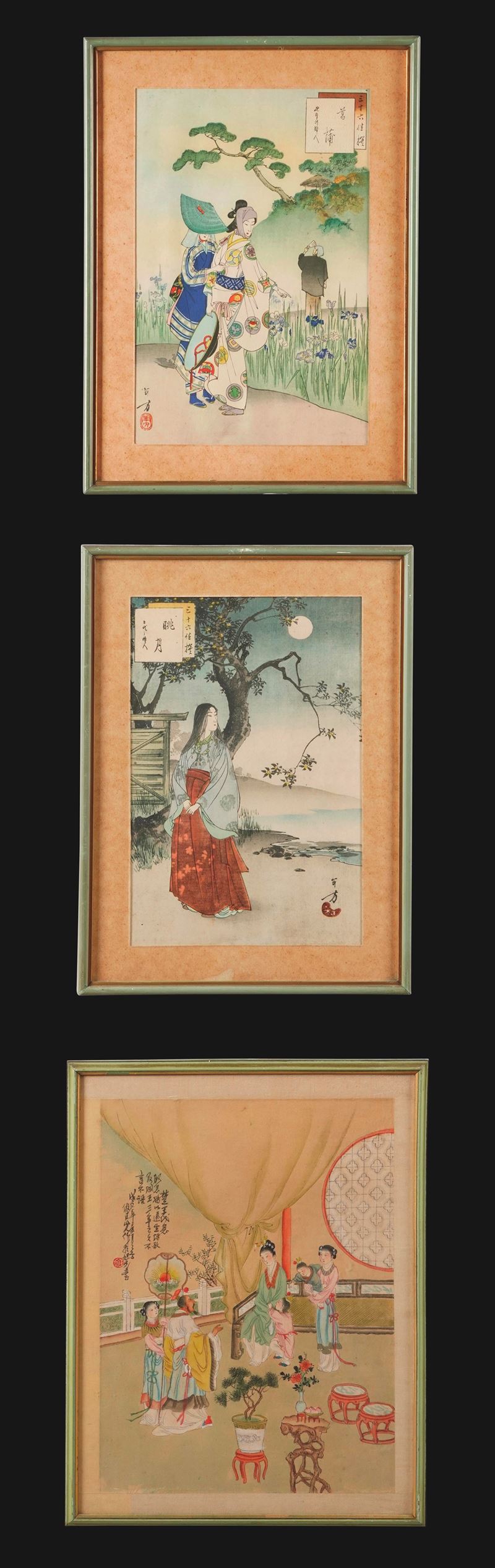 Lotto composto da due stampe e un dipinto raffiguranti fanciulle e scene di vita comune, Cina e Giappone, XIX secolo  - Asta Fine Asian Works of Art - Cambi Casa d'Aste
